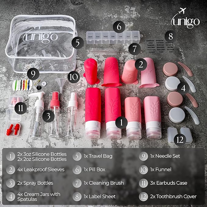 unigo 30 pack Full Set TSA Approved Travel Bottles, Travel Size Containers for Toiletries, Refillable Leakproof Travel Shampoo and Conditioner Bottles, Toiletry Containers,Extra Bottle Sleeves (Pink)