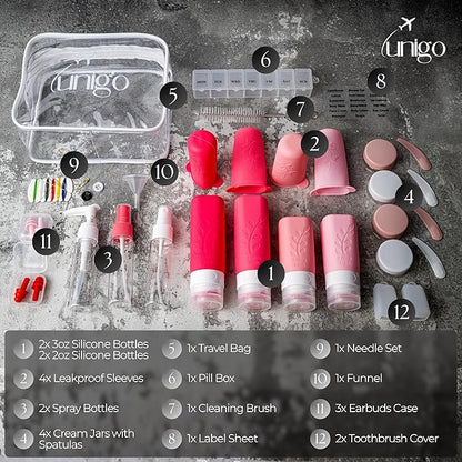 unigo 30 pack Full Set TSA Approved Travel Bottles, Travel Size Containers for Toiletries, Refillable Leakproof Travel Shampoo and Conditioner Bottles, Toiletry Containers,Extra Bottle Sleeves (Pink)