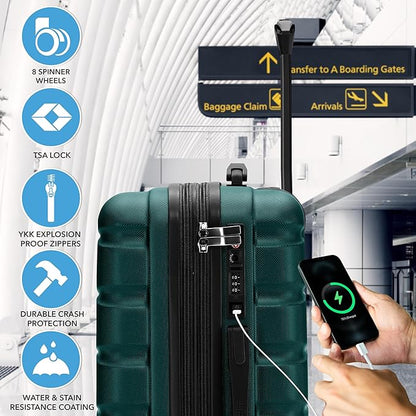 Flight Knight 22x14x9" Expandable Carry On Suitcase Hardside TSA Lock USB C Port Lightweight Luggage Silent Double Spinner Wheels Maximum Overhead Carry-On Bag For American & United Approved Airlines
