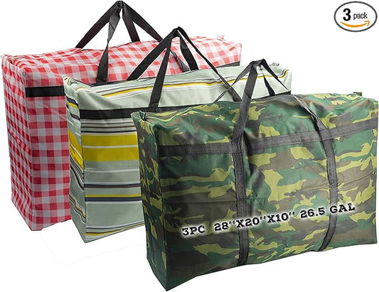 3 Packs Extra Large Storage Bags with Strong Handle and Zipper for Moving, Travelling, Camping, Festival Decorations Storage (100L Plaid stripes camouflage)…