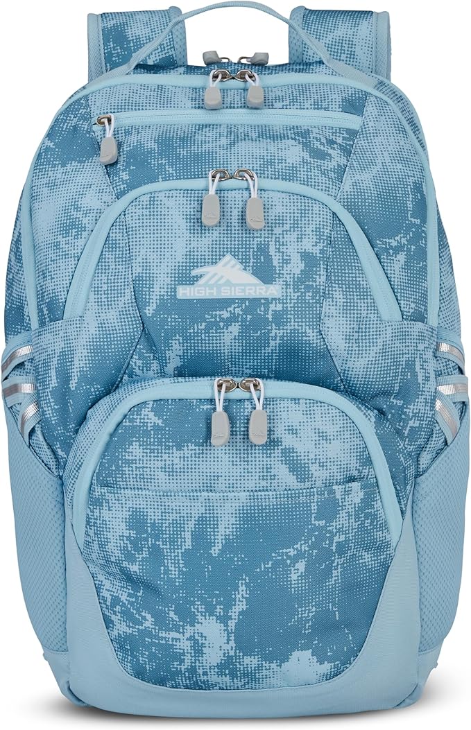 High Sierra Swoop Backpack, Lightweight Bookbag, Large Main Compartment + External Accessory Pockets, Separate Laptop Pocket, Dual Water Bottle Pockets, Fits most 17” Laptops, 30L Capacity, Blue Waves