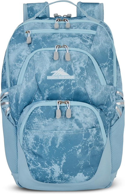 High Sierra Swoop Backpack, Lightweight Bookbag, Large Main Compartment + External Accessory Pockets, Separate Laptop Pocket, Dual Water Bottle Pockets, Fits most 17” Laptops, 30L Capacity, Blue Waves