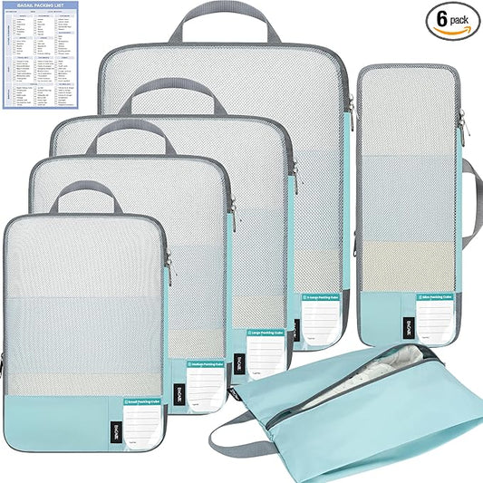 BAGAIL 6 Set Lightweight Compression Packing Cubes with Packing List, Anti-Tearing Expandable Organizer Bags for Travel, Dusty Blue