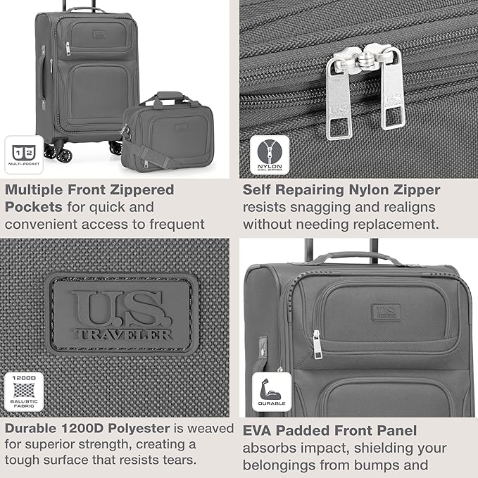 U.S. Traveler Rio Lightweight Softside Rolling Carry-on Suitcase, 4-Wheel Set, Light Gray