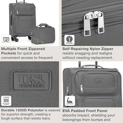 U.S. Traveler Rio Lightweight Softside Rolling Carry-on Suitcase, 4-Wheel Set, Light Gray