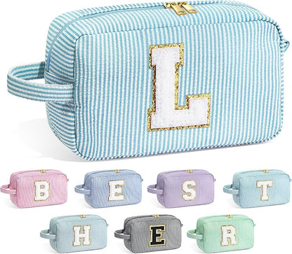 YOOLIFE Makeup Bag - Initial Monogram Cosmetic Bag, Personalized Blue Makeup Pouch Case for Women