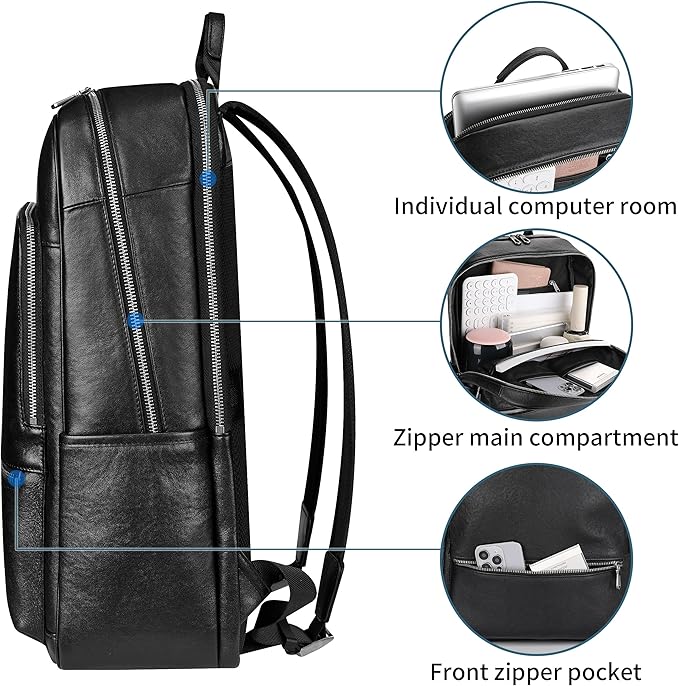 Men's Large Black Leather Backpack, 17.3 Inch Genuine Leather Laptop Backpack for Men, Minimalist & Luxury Executive Computer Backpack for Work Travel