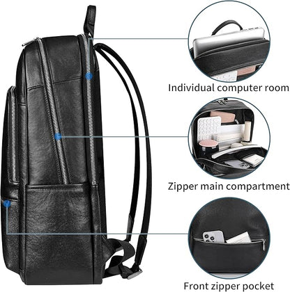 Men's Large Black Leather Backpack, 17.3 Inch Genuine Leather Laptop Backpack for Men, Minimalist & Luxury Executive Computer Backpack for Work Travel