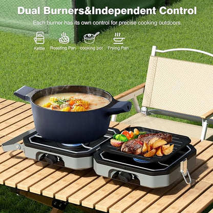 Camping Stove Portable Propane Camp Stove with Independently Adjustable Heat & 2 Burners, Foldable Gas Stove with Carry Bag for Outdoor Cooking,Tailgating & Backyard Gathering（Gray）