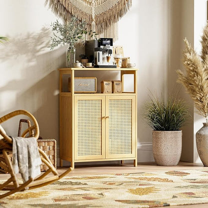 HITNET Rattan Bathroom Storage Cabinet, Bamboo Floor Cupboard with 2 Doors, Freestanding Side Organizer for Living Room, Kitchen, Entryway, Natural