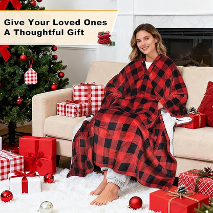 Catalonia Sherpa Wearable Blanket Poncho for Adult Women Men, Wrap Blanket Cape with Pocket, Warm, Soft, Cozy, Snuggly, Comfort Gift, No Sleeves, Plaid Buffalo Christmas