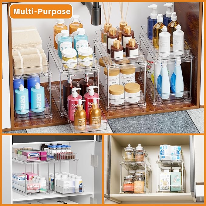 Yieach 2 Pack Bathroom Cabinet Organizers and Storage with Track,Clear Acrylic Under the Sink Organizer for Cupboard,Vanity Countertop Storage Bins,Plastic 2 Tier Pull Out Drawer for Makeup,Medicine