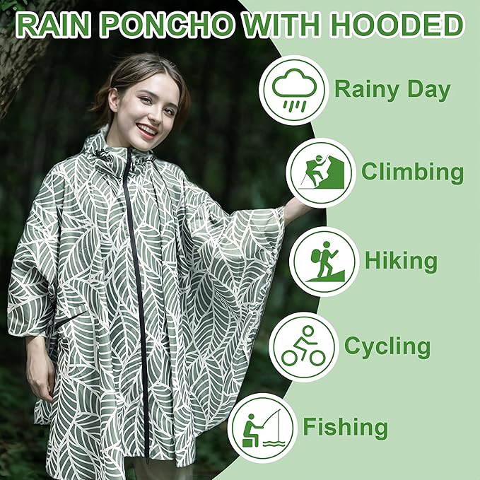 Hooded Rain Ponchos for Adult - Rain Coat and Rain Jacket with Waterproof Pocket and Zipper