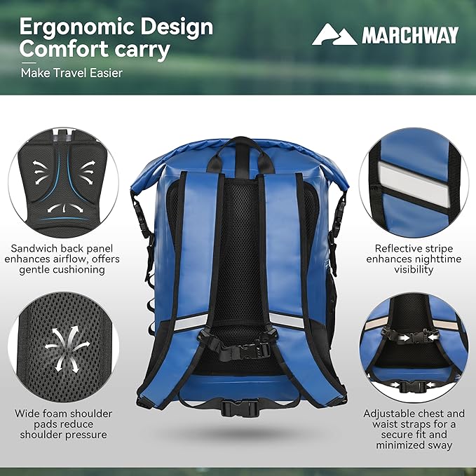 MARCHWAY Roll Top Waterproof Backpack, Floating Dry Bag 20L/30L/45L with Ergonomic Rectangular Base, Cushioned Back, Hip Strap for Hiking Camping Kayaking Travel (Blue, 30L)