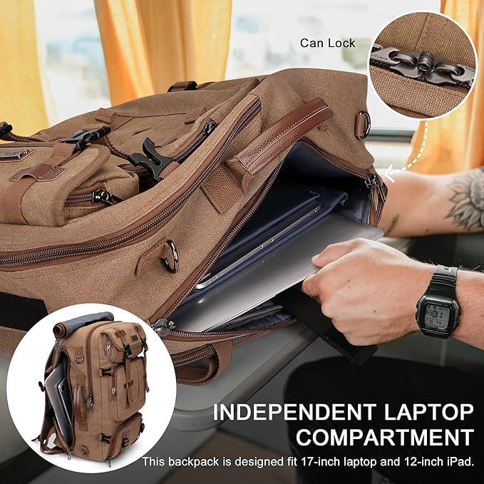 WITZMAN Travel Backpack for Men 40L Large Carry-on Airline Approved Convertible 3 in 1 laptop Bags Fit 17 inch(A8013 Brown)