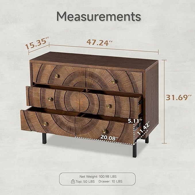 Farmhouse 6-Drawer Dresser, Accent Wooden Chest of Drawers with Circle Pattern and Radioactive Wood Lines,Accent Storage Dresser for Living Room, Bedroom, Brown