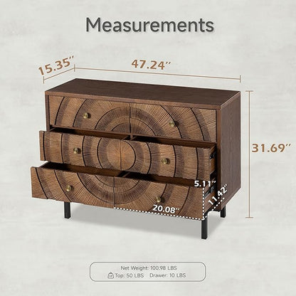 Farmhouse 6-Drawer Dresser, Accent Wooden Chest of Drawers with Circle Pattern and Radioactive Wood Lines,Accent Storage Dresser for Living Room, Bedroom, Brown
