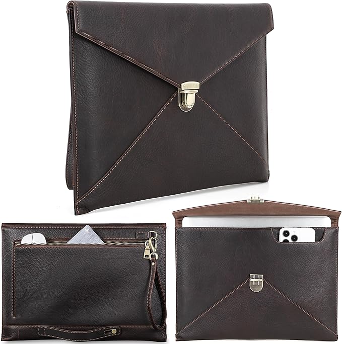 Top Grain Leather 14.2" Slim Laptop Bag Case, Envelope Style, Removable Wristlet & 3 Pockets, Fits MacBook Pro 14 Inch 2021 2022 M1 Pro/M1 Max A2442 & Other Laptop, Black Coffee 14.2 Inch
