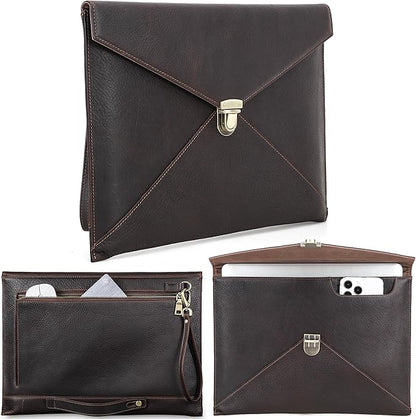 Top Grain Leather 14.2" Slim Laptop Bag Case, Envelope Style, Removable Wristlet & 3 Pockets, Fits MacBook Pro 14 Inch 2021 2022 M1 Pro/M1 Max A2442 & Other Laptop, Black Coffee 14.2 Inch
