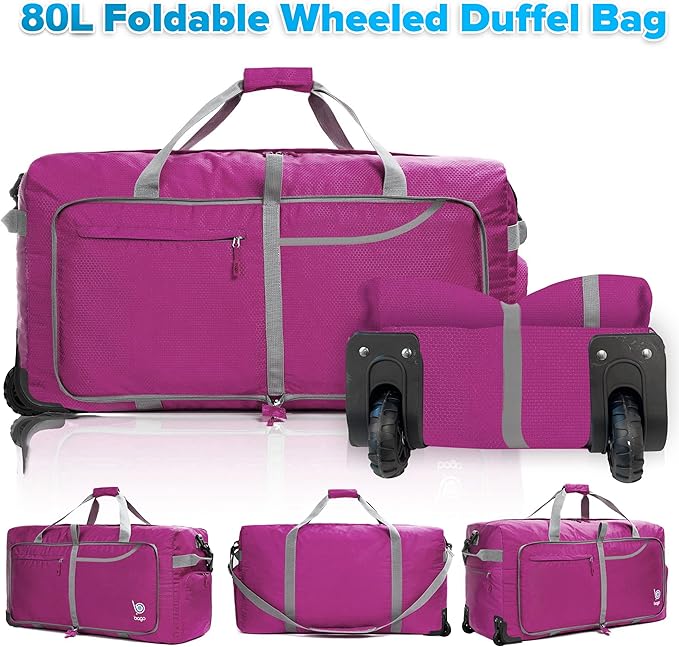 Bago Rolling Duffle Bag with Wheels - 27" 80L Foldable Weekender Bag, Waterproof Travel Duffel Bag, Heavy Duty Lightweight Duffle Bag for Traveling, Rolling Duffel Bag with Wheels (Pink)