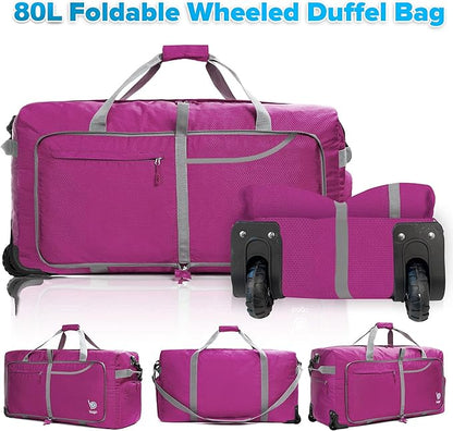 Bago Rolling Duffle Bag with Wheels - 27" 80L Foldable Weekender Bag, Waterproof Travel Duffel Bag, Heavy Duty Lightweight Duffle Bag for Traveling, Rolling Duffel Bag with Wheels (Pink)