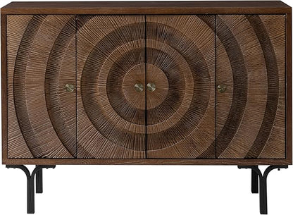 Farmhouse 4-Door Storage Cabinet, Accent Sideboard Buffet Cabinet with Circle Pattern and Radioactive Wood Lines, for Living Room, Dining Room, Bedroom, Brown