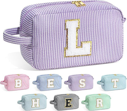YOOLIFE Makeup Bag: Initial Monogram Cosmetic Travel Makeup Pouch, Purple for Women