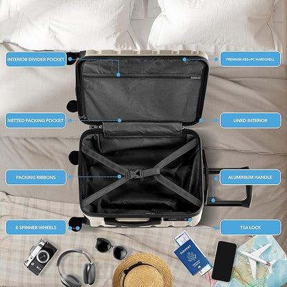 Flight Knight Carry On Suitcase Hardside Built In TSA Lock & USB Port Silent Double Spinner Wheels Maximum Overhead Carry-On Bag For American & United Approved Airlines(22x14x9,Champagne)