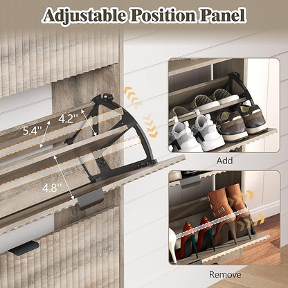 Shoe Cabinet Storage for Entryway with 2 Flip Drawers, Fluted Narrow Shoe Organizer with Wooden Legs, Freestanding Slim Shoe Storage Hidden Shoe Rack Organizer for Front Door Entrance, Grey