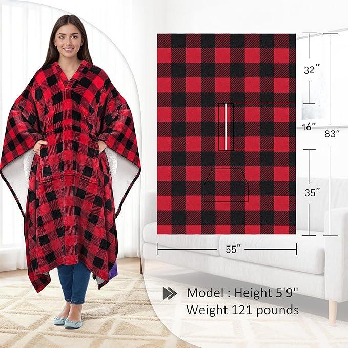 Catalonia Sherpa Wearable Blanket Poncho for Adult Women Men, Wrap Blanket Cape with Pocket, Warm, Soft, Cozy, Snuggly, Comfort Gift, No Sleeves, Plaid Buffalo Christmas
