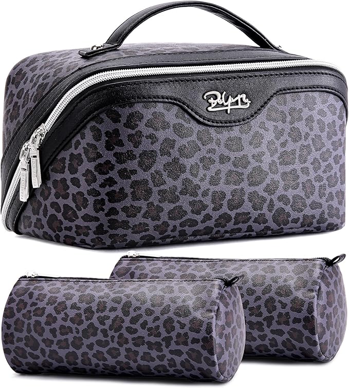 BOYATU Travel Makeup Bag for Women: 3 Pcs Set Portable Make up Bags with Handle - Leopard Print Cosmetic Bags with Comparments - Waterproof Vegan Leather Toiletry Bag (A-1-Purple)
