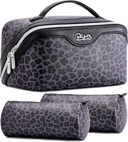BOYATU Travel Makeup Bag for Women: 3 Pcs Set Portable Make up Bags with Handle - Leopard Print Cosmetic Bags with Comparments - Waterproof Vegan Leather Toiletry Bag (A-1-Purple)