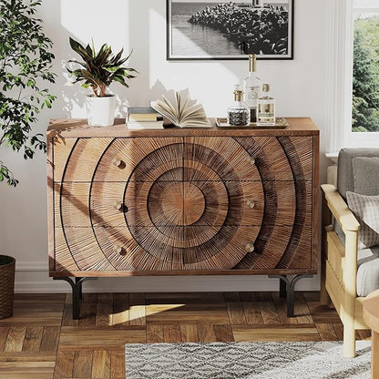 Farmhouse 6-Drawer Dresser, Accent Wooden Chest of Drawers with Circle Pattern and Radioactive Wood Lines,Accent Storage Dresser for Living Room, Bedroom, Brown