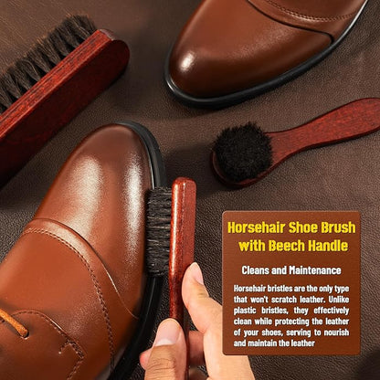13PCS Horse Hair Shoe Brush Polish Cleaner Kit, 3PCS Shoe Brush With Black & Brown Mink Saddle Oil, Polishing Cloth Microfiber Cloth Storage Pouch