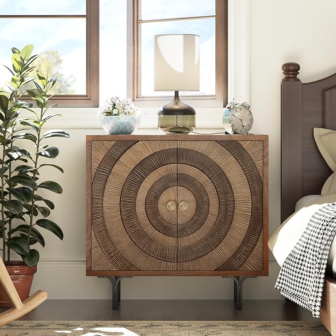 Farmhouse 2-Door Storage Cabinet, Accent Wooden Storage Cabinet with Circle Pattern and Radioactive Wood Lines, for Living Room, Dining Room, Bedroom, Natural Wood Color