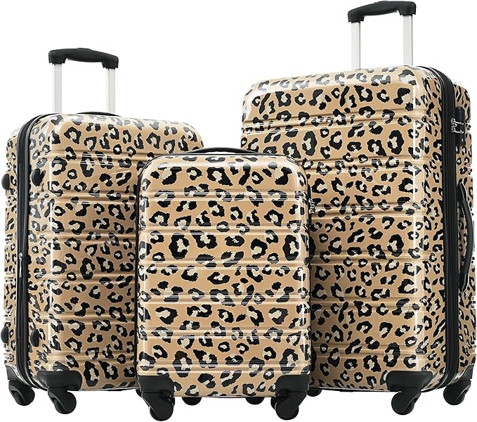 Merax Leopard Print Luggage Sets, 3 Piece Expandable Suitcase Set with Spinner Wheels,Large Checked Travel Suitcases and Carry On Travel Luggage, 100% PC, TSA Lock,Brown