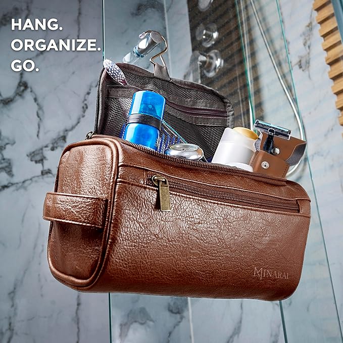 MINARAI-Mens Toiletry Bag with Razor Case– Premium Leather-Look Hygiene Bag for men with Wide-Open Access, Hanging Design, and Strong Structure– Built for Travel, Gym, and Everyday Organization–BROWN