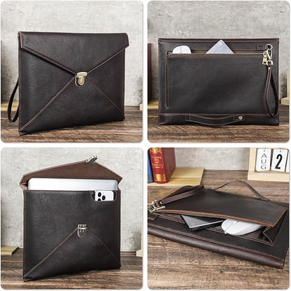 Top Grain Leather 14.2" Slim Laptop Bag Case, Envelope Style, Removable Wristlet & 3 Pockets, Fits MacBook Pro 14 Inch 2021 2022 M1 Pro/M1 Max A2442 & Other Laptop, Black Coffee 14.2 Inch