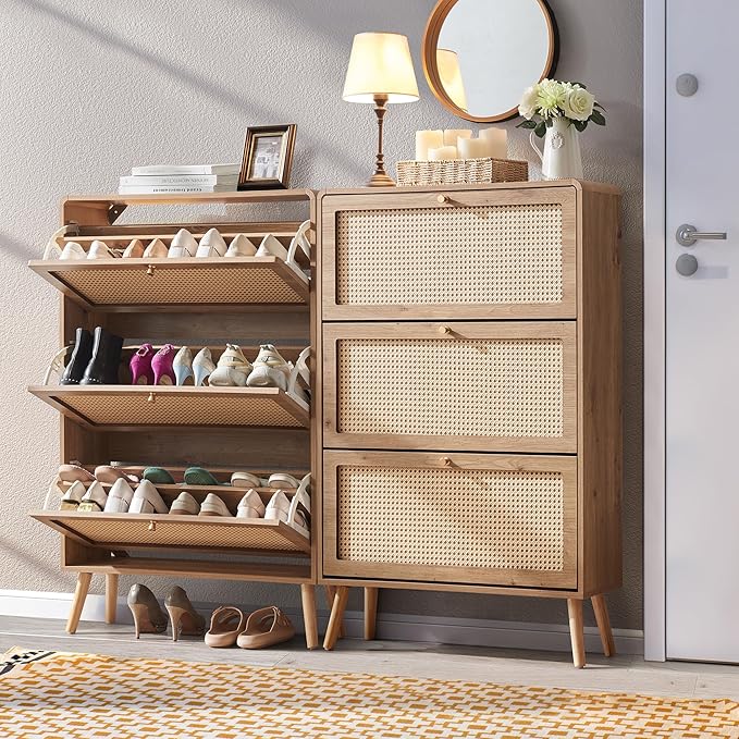 Rattan Shoe Cabinet with 3 Flip Drawers, 48 Pairs Narrow Shoe Storage Cabinet for Entryway Freestanding Hidden Shoe Rack, Modern Slim Wood Shoe Organizer for Hallway, Natural
