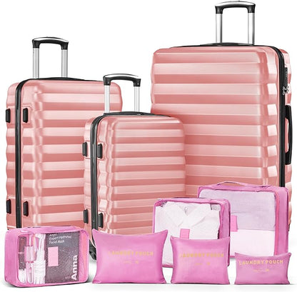 3 Piece Luggage Sets ABS Hardshell Suitcase with Spinner Wheels with 6PC Packing Bags(20/24/28inch)