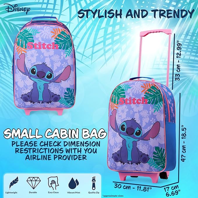 Disney Kids Rolling Luggage 16×11 in, 16‑L Carry‑On Suitcase with Wheels, Foldable Lightweight Travel Bag, Gifts for Kids (Blue Stitch)