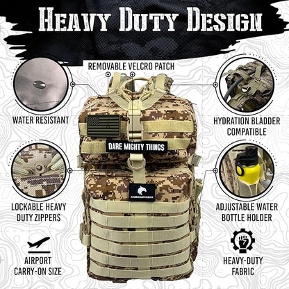 AMERICANPHOENIX 45L Elite Tactical Backpack | 3X Stronger Work & Military Backpack | Water Resistant and Heavy Duty | 3 Day MOLLE Bug Out Bag (Sand Storm)