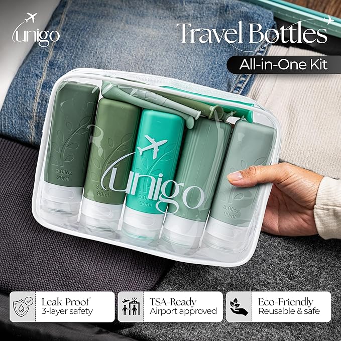 unigo Travel Bottles For Toiletries, 5-pack 3.oz TSA Aprroved Travel Size Bottles, Containers For Toiletries, BPA Free, Leak Prrof, Refillable Containers Bottles (Green)