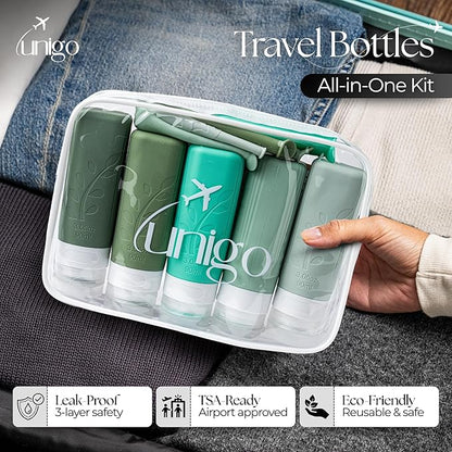 unigo Travel Bottles For Toiletries, 5-pack 3.oz TSA Aprroved Travel Size Bottles, Containers For Toiletries, BPA Free, Leak Prrof, Refillable Containers Bottles (Green)