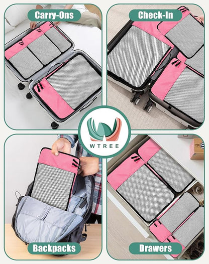 4-Piece Packing Cubes Travel Accessories Set for Suitcases - Luggage Organizer Bags with Double Zipper - Mesh Top - Small/Medium/Large/Slim - Pink