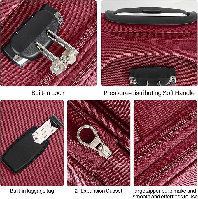 2-Piece Set Front Opening,Softside Luggage Sets w/Double Spinner Wheels Expandable Luggage,Lightweight Travel Luggage Rolling Suitcase w/LOCK（Burgundy-Grey,20in/28in）