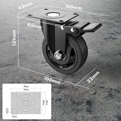 4 Inch Caster Wheels, Heavy Duty Casters Set of 4, Swivel Casters with Brake 2200 Lbs, Locking Industrial Top Plate Casters Wheels for Furniture and Workbench Cart(Two Hardware Kits Include)