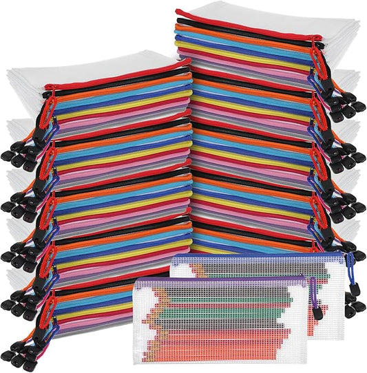 100 Pack Pencil Pouch Bulk Operation Christmas Mesh Zipper Storage Cases Gifts-A6 File Bag Clear Pencil Pouches Multipurpose Toiletry Cosmetics Bags for Office Bill Travel 9.5'' x 4.5''(10 Colors)