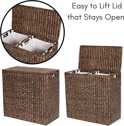 BIRDROCK HOME Oversized Dual Hampers with Lid - Handwoven Natural Seagrass Fiber Compartment Laundry Hamper w/Dual Removable Liners Bag - Split/Two Side Basket for Dirty Laundry, Clothes - Brown Wash