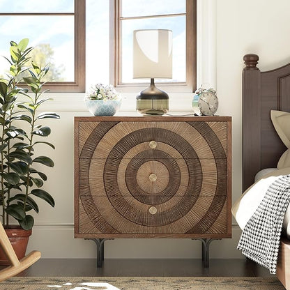 Farmhouse 3-Drawer Dresser, Accent Wooden Chest of Drawers with Circle Pattern and Radioactive Wood Lines, Accent Storage Dresser for Living Room, Bedroom, Natural Wood Color